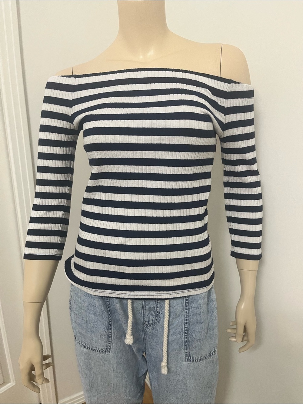 Guess Navy and White Off-the-Shoulder Striped Sweater